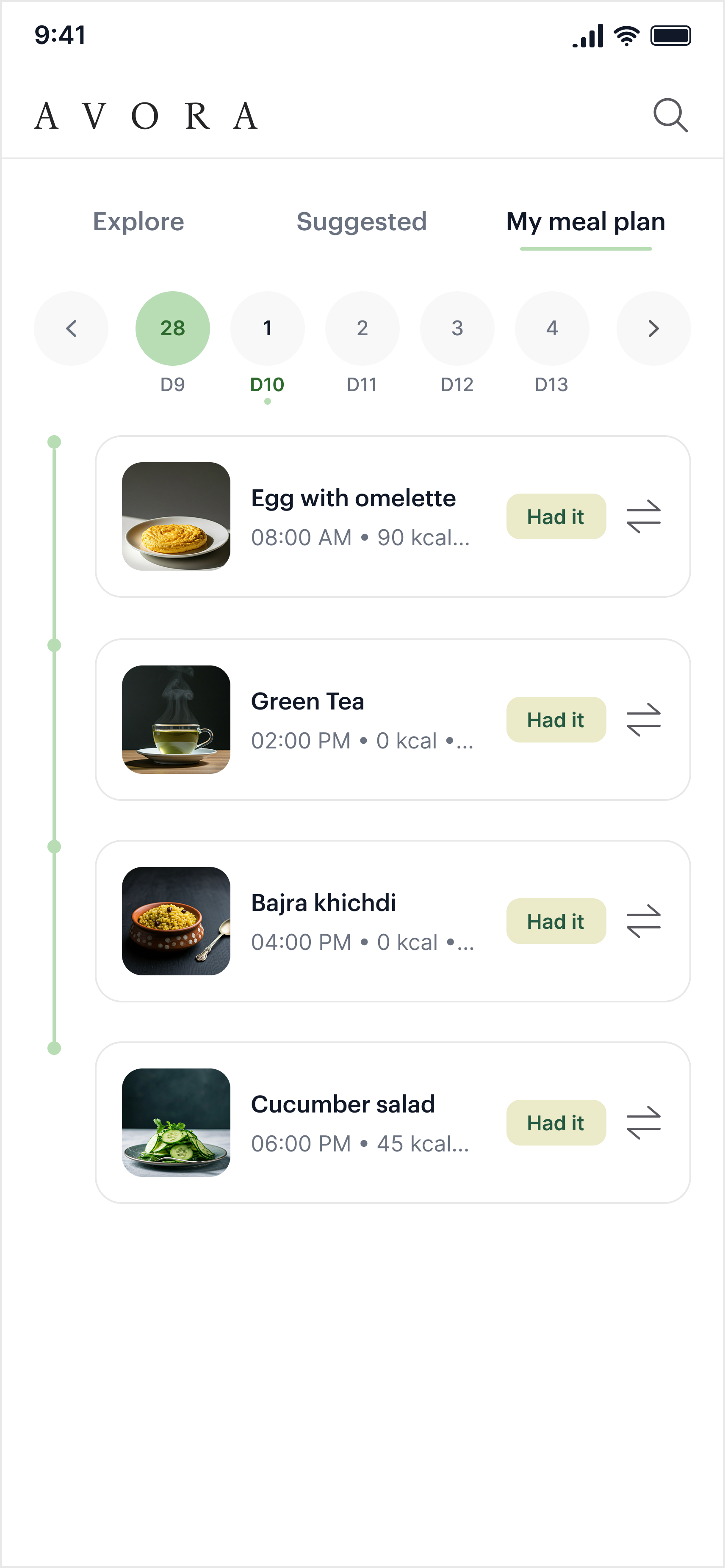 Daily meal plan with prescribed meals for the program day